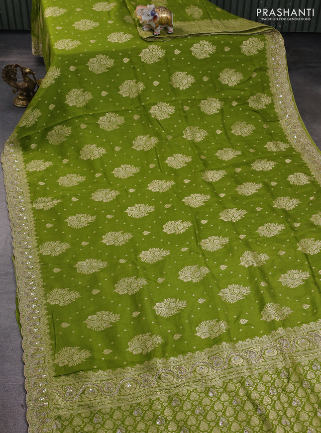 Banarasi silk saree mehendi green with allover woven buttas and mirror & beaded work embroidery border