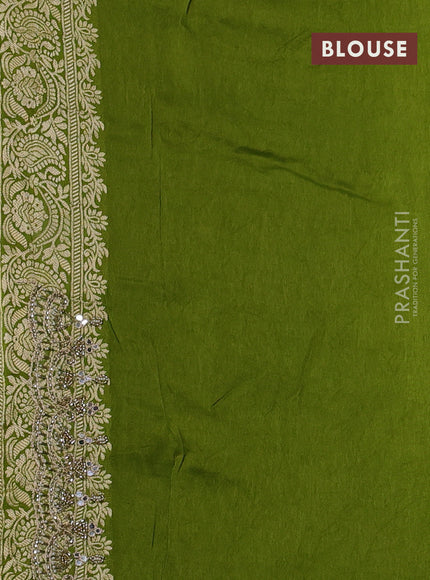 Banarasi silk saree mehendi green with allover woven buttas and mirror & beaded work embroidery border