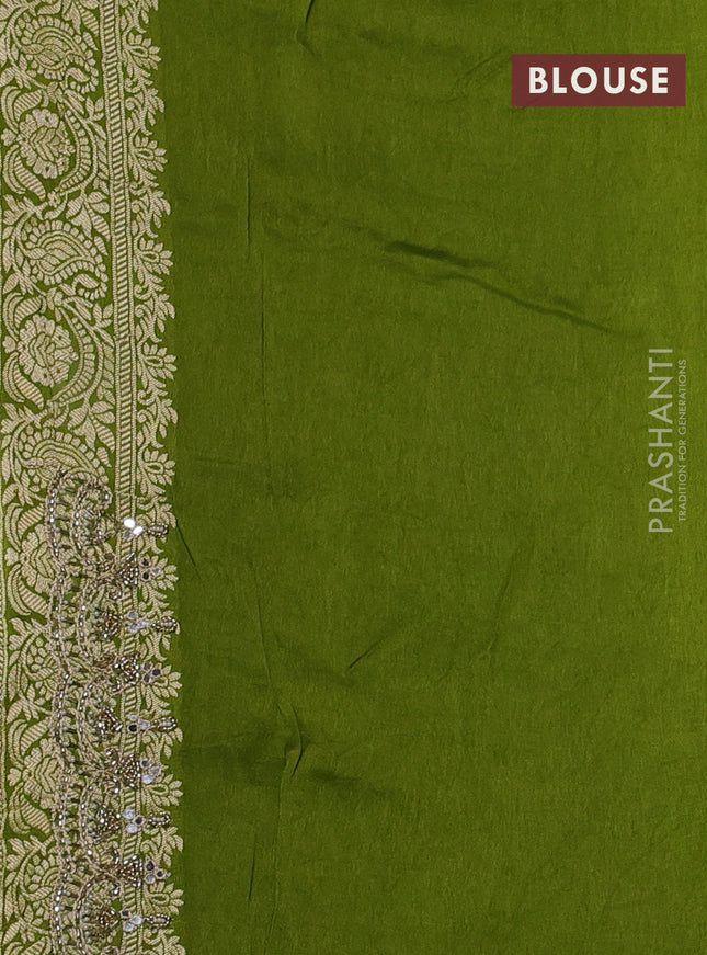 Banarasi silk saree mehendi green with allover woven buttas and mirror & beaded work embroidery border