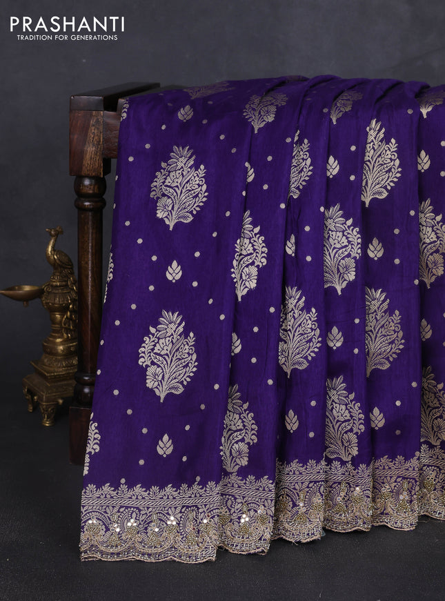Banarasi silk saree violet with allover woven buttas and mirror & beaded work embroidery border