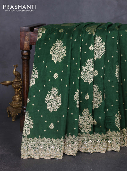 Banarasi silk saree bottle green with allover woven buttas and mirror & beaded work embroidery border