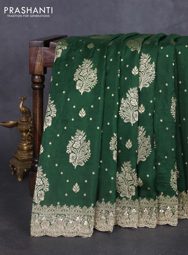 Banarasi silk saree bottle green with allover woven buttas and mirror & beaded work embroidery border
