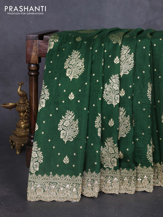 Banarasi silk saree bottle green with allover woven buttas and mirror & beaded work embroidery border