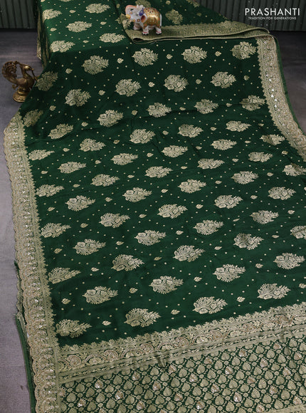 Banarasi silk saree bottle green with allover woven buttas and mirror & beaded work embroidery border