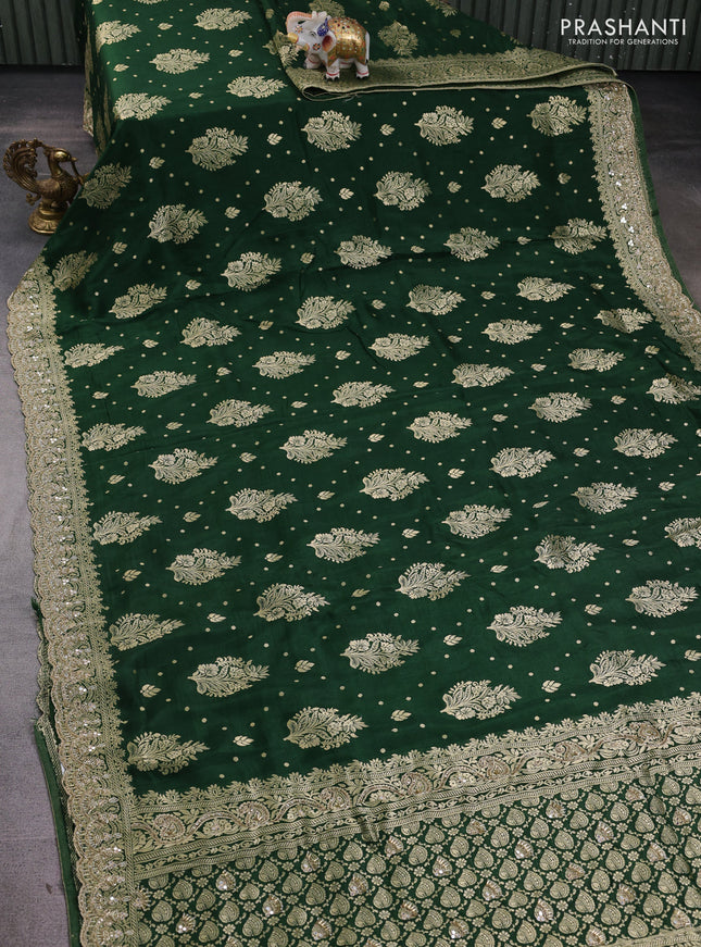 Banarasi silk saree bottle green with allover woven buttas and mirror & beaded work embroidery border