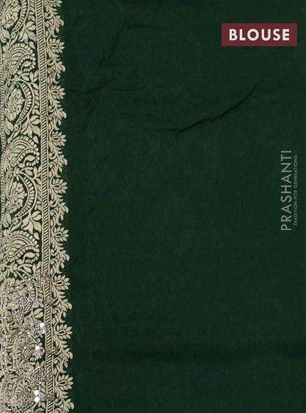 Banarasi silk saree bottle green with allover woven buttas and mirror & beaded work embroidery border