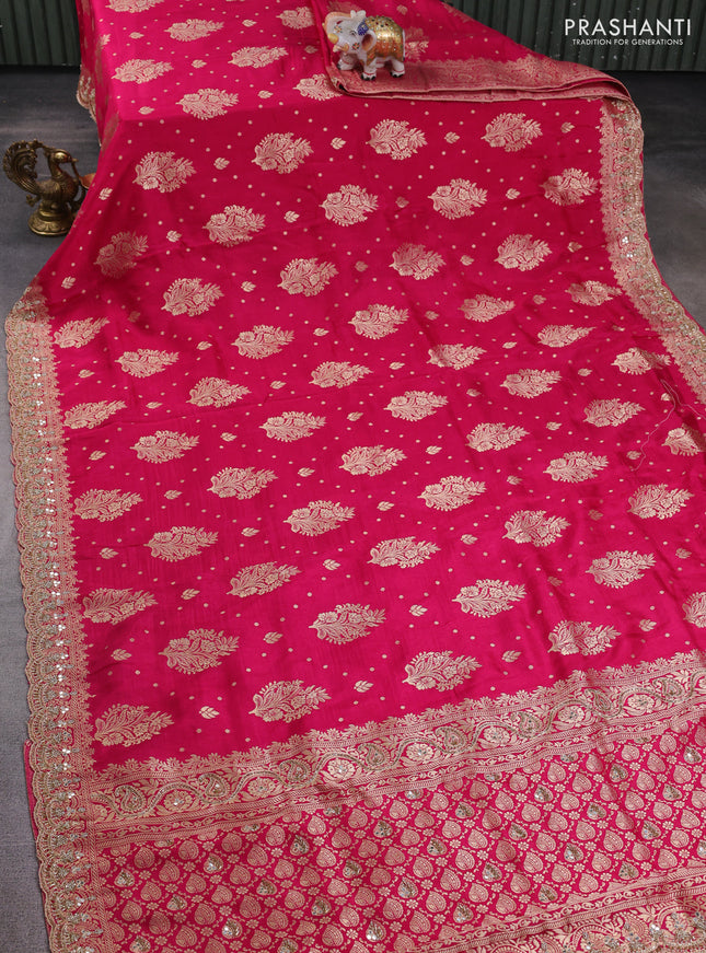 Banarasi silk saree pink with allover woven buttas and mirror & beaded work embroidery border