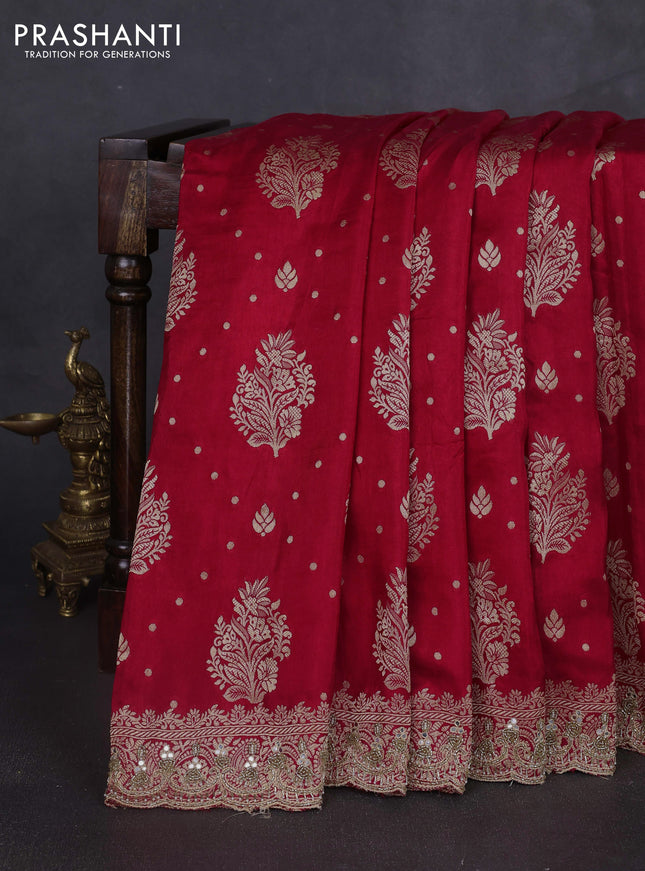 Banarasi silk saree red with allover woven buttas and mirror & beaded work embroidery border