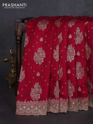 Banarasi silk saree red with allover woven buttas and mirror & beaded work embroidery border