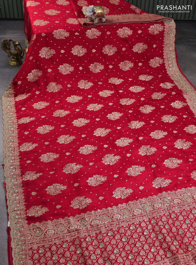 Banarasi silk saree red with allover woven buttas and mirror & beaded work embroidery border