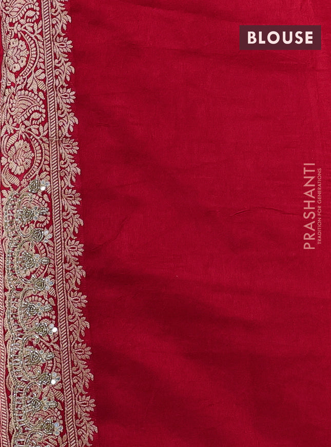 Banarasi silk saree red with allover woven buttas and mirror & beaded work embroidery border