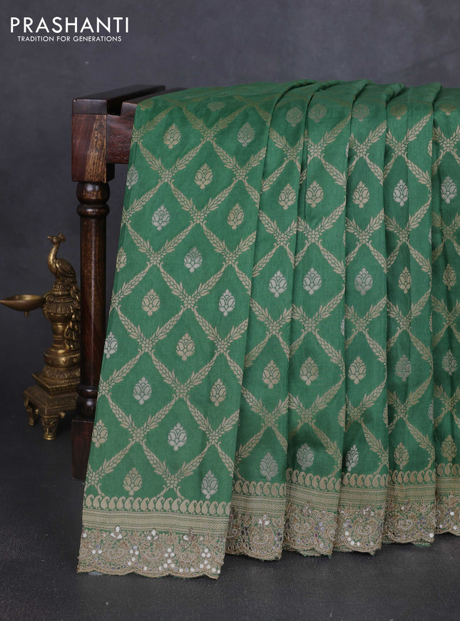 Banarasi silk saree green with allover thread & zari weaves and mirror work embroidery border