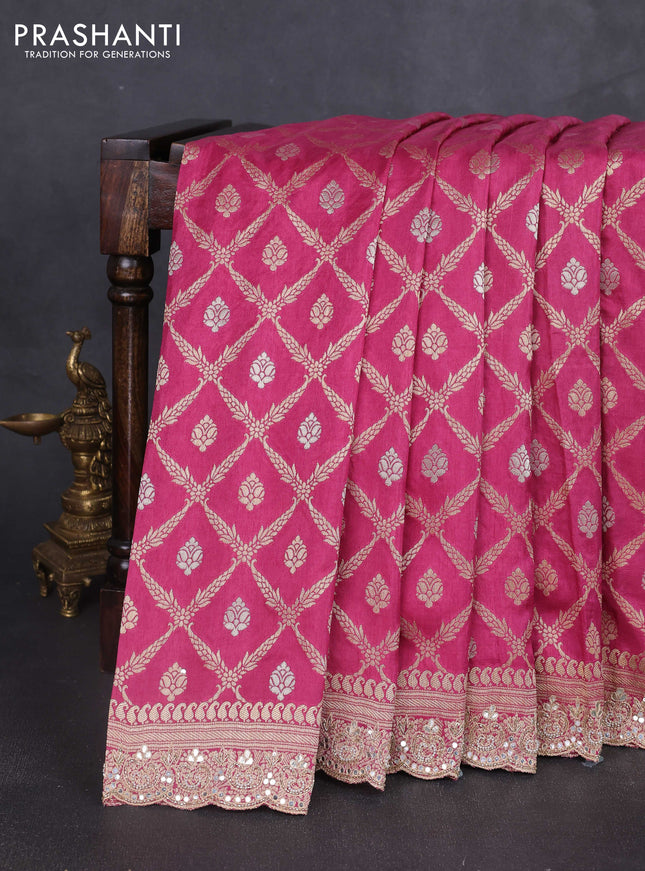 Banarasi silk saree pink with allover thread & zari weaves and mirror work embroidery border