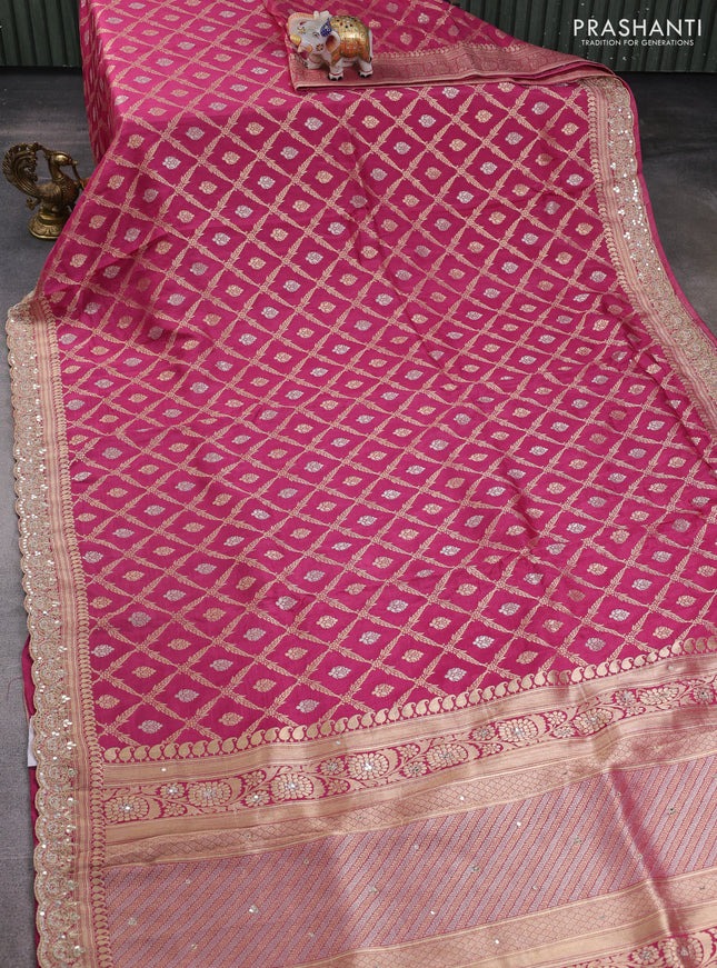 Banarasi silk saree pink with allover thread & zari weaves and mirror work embroidery border