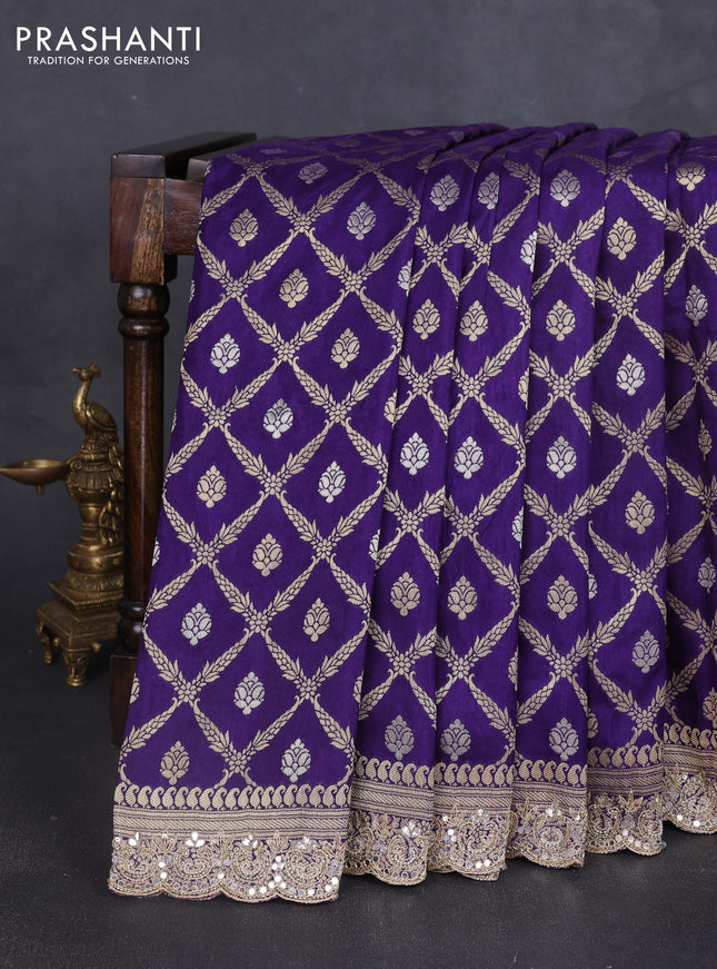Banarasi silk saree violet with allover thread & zari weaves and mirror work embroidery border