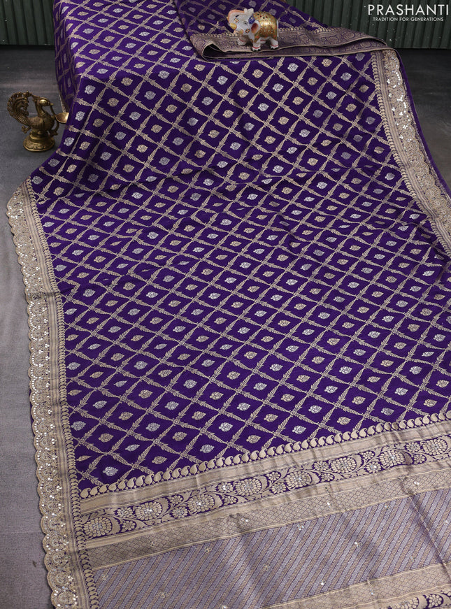 Banarasi silk saree violet with allover thread & zari weaves and mirror work embroidery border