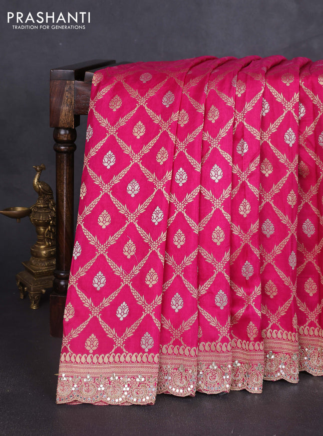 Banarasi silk saree pink with allover thread & zari weaves and mirror work embroidery border