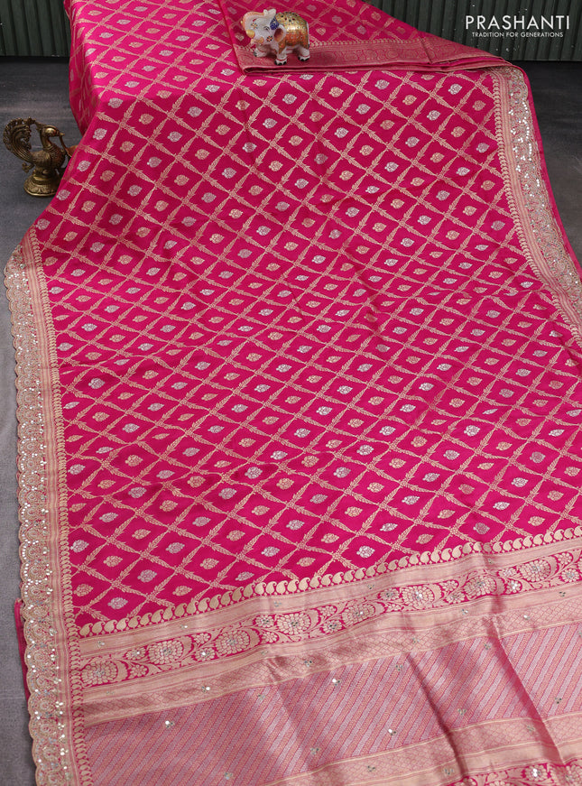 Banarasi silk saree pink with allover thread & zari weaves and mirror work embroidery border