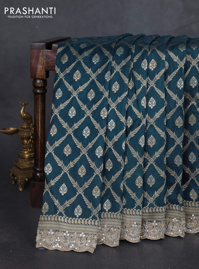 Banarasi silk saree peacock green with allover thread & zari weaves and mirror work embroidery border