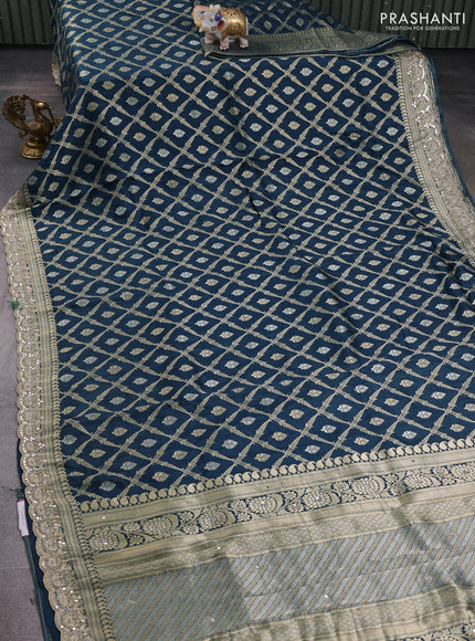 Banarasi silk saree peacock green with allover thread & zari weaves and mirror work embroidery border