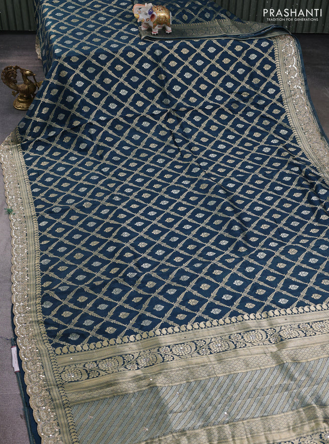 Banarasi silk saree peacock green with allover thread & zari weaves and mirror work embroidery border