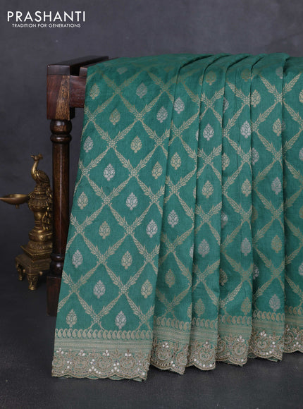 Banarasi silk saree teal green shade with allover thread & zari weaves and mirror work embroidery border