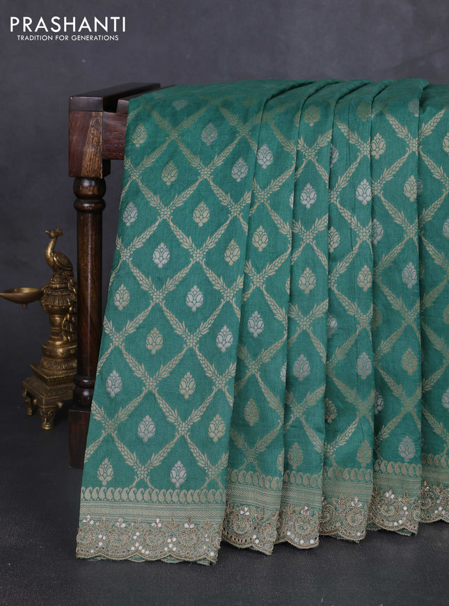 Banarasi silk saree teal green shade with allover thread & zari weaves and mirror work embroidery border