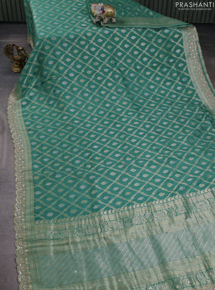 Banarasi silk saree teal green shade with allover thread & zari weaves and mirror work embroidery border