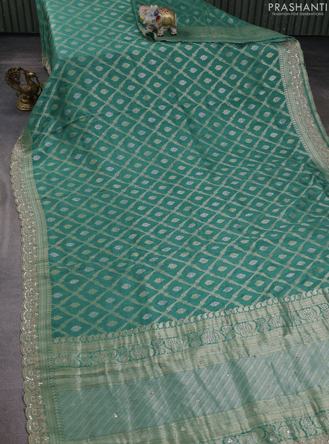 Banarasi silk saree teal green shade with allover thread & zari weaves and mirror work embroidery border