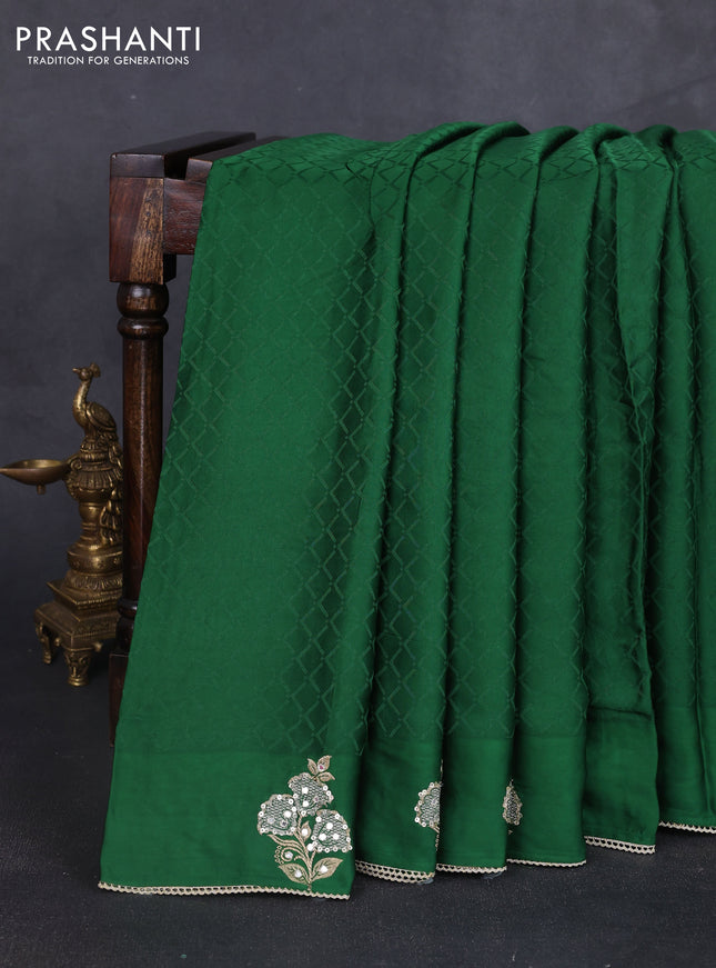 Banarasi silk saree bottle green with allover self emboss and mirror work embroidery pallu