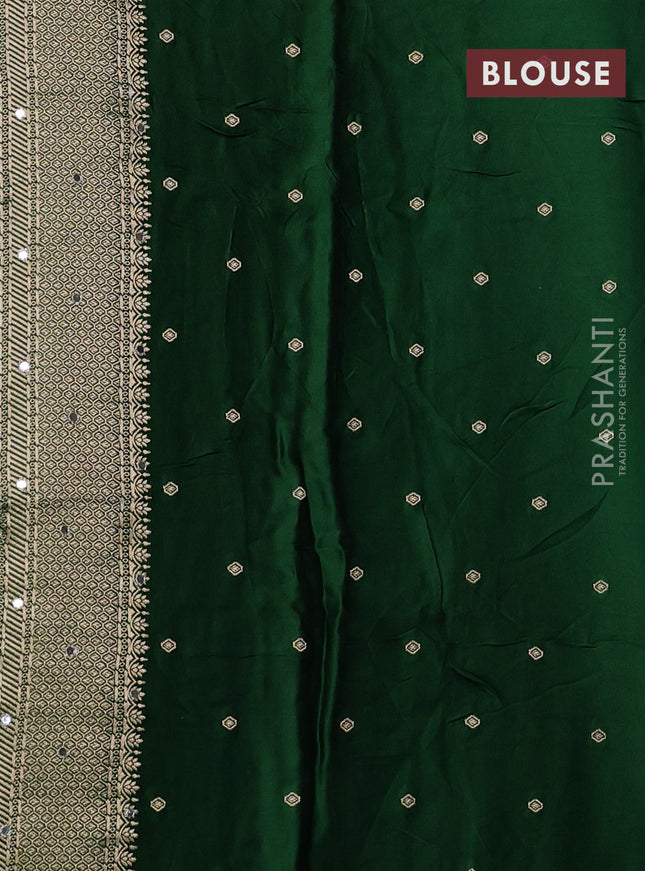 Banarasi silk saree bottle green with allover self emboss and mirror work embroidery pallu