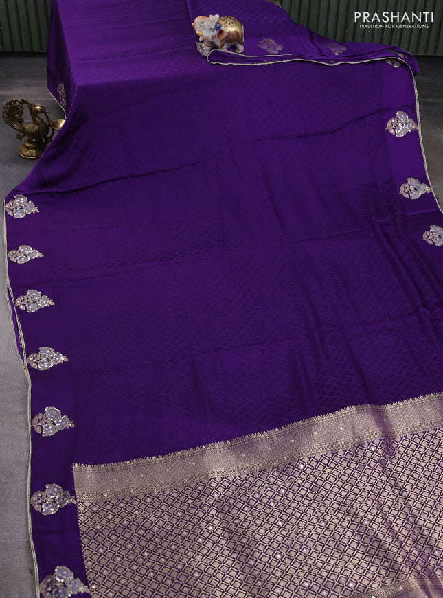 Banarasi silk saree violet with allover self emboss and mirror work embroidery pallu