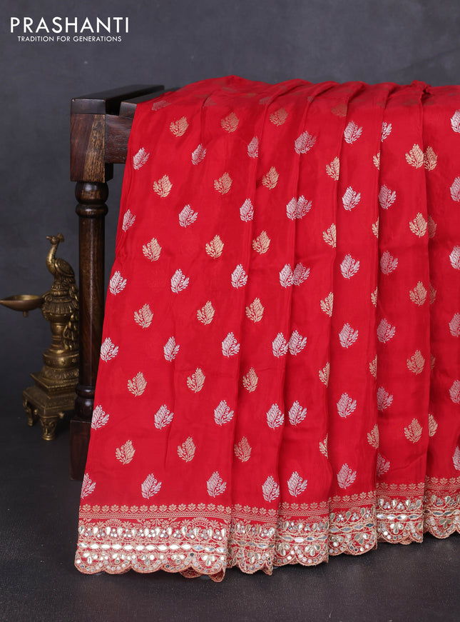 Banarasi silk saree red with allover silver & gold zari woven buttas and mirror work embroidery border