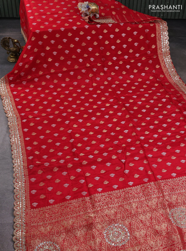 Banarasi silk saree red with allover silver & gold zari woven buttas and mirror work embroidery border