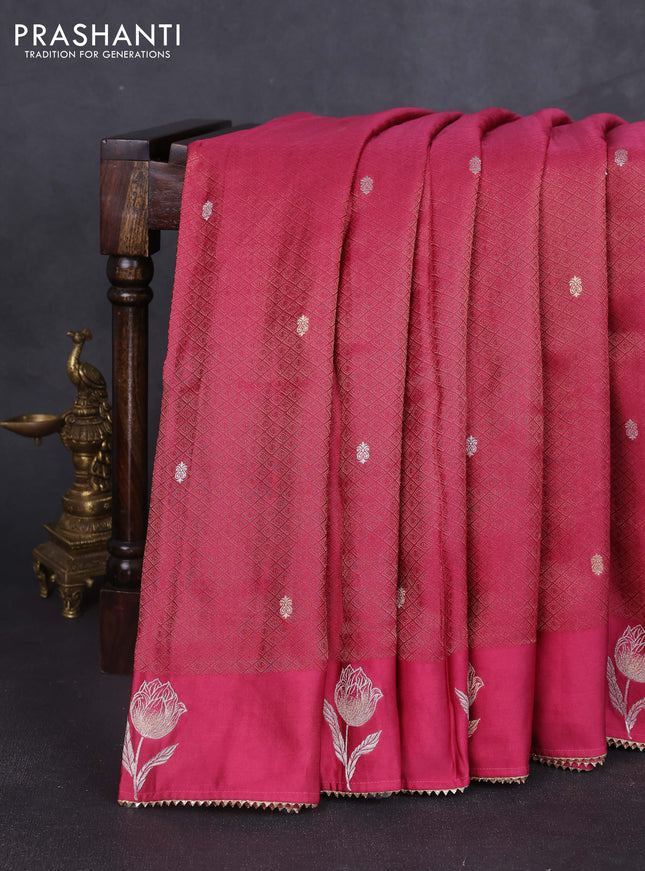 Banarasi silk saree magenta pink with allover zari woven brocade weaves and mirror embroidery pallu & zari woven butta border