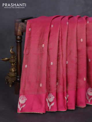 Banarasi silk saree magenta pink with allover zari woven brocade weaves and mirror embroidery pallu & zari woven butta border