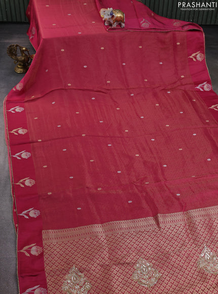 Banarasi silk saree magenta pink with allover zari woven brocade weaves and mirror embroidery pallu & zari woven butta border