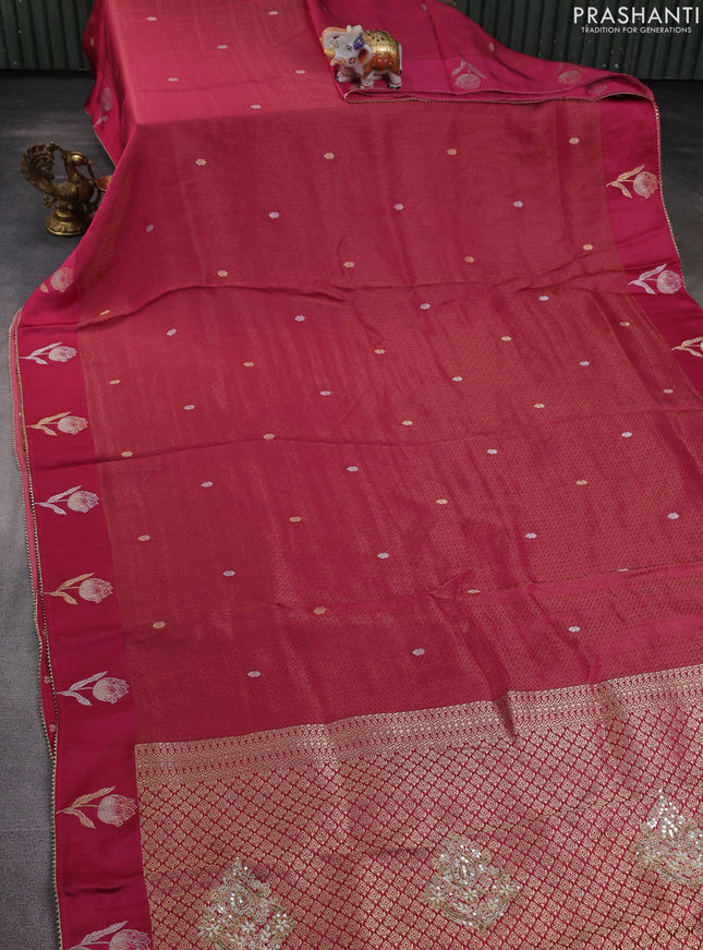 Banarasi silk saree magenta pink with allover zari woven brocade weaves and mirror embroidery pallu & zari woven butta border