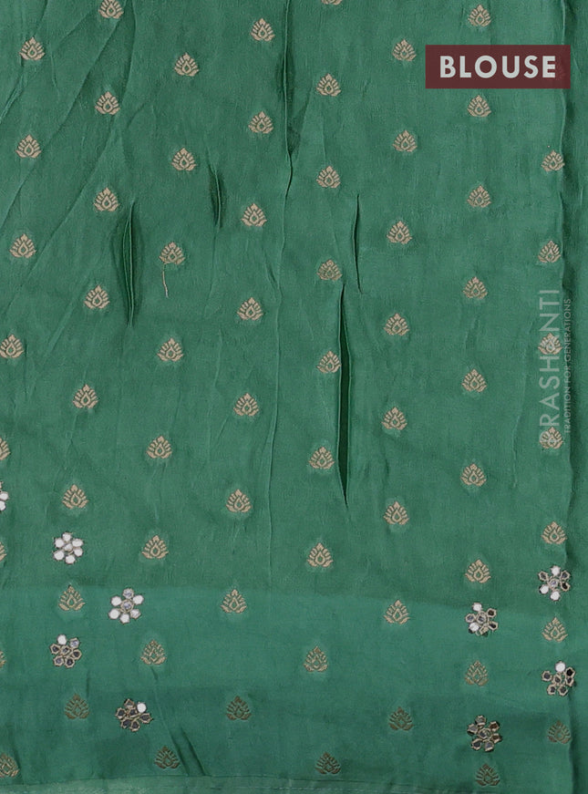 Banarasi silk saree teal green with allover zari woven brocade weaves and mirror embroidery pallu & zari woven butta border