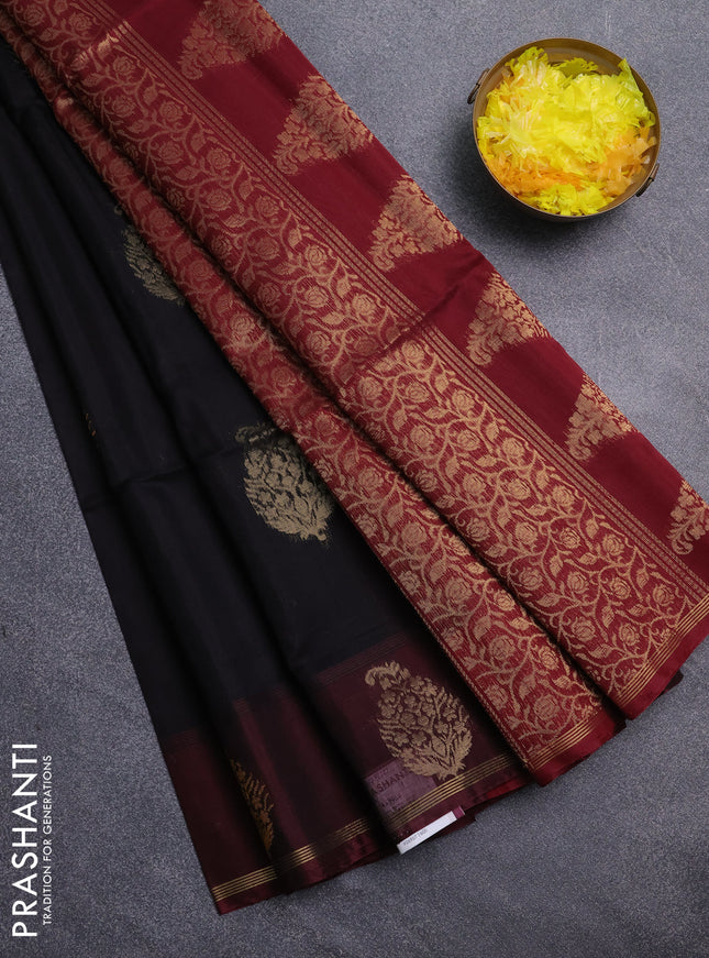Kora silk cotton saree black and deep maroon with thread & zari woven buttas and zari woven butta border