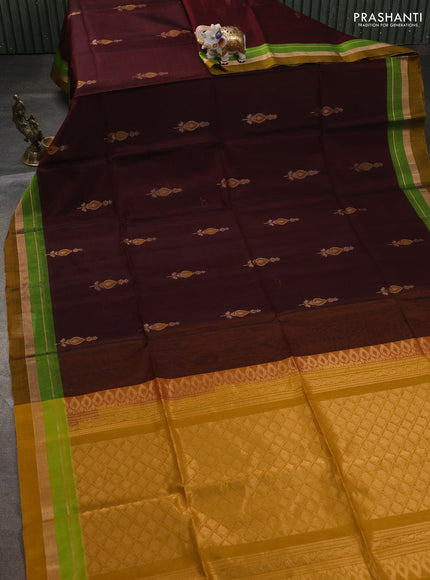Kora silk cotton saree deep maroon and mustard yellow with zari woven buttas and zari woven border