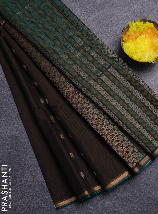 Kora silk cotton saree chikku shade and green with allover thread woven buttas and zari woven border