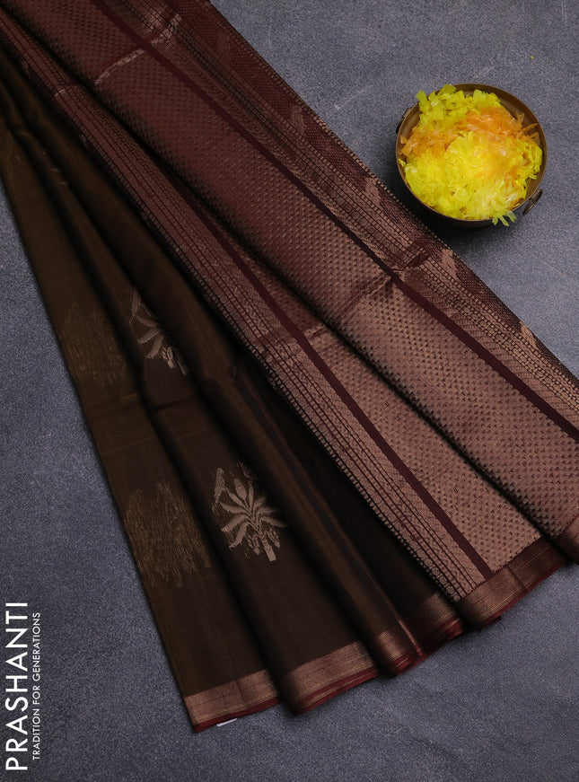 Kora silk cotton saree dark mehendi green and deep maoon with thread & zari woven buttas and zari woven border