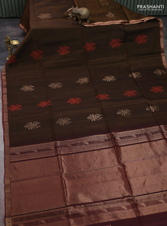 Kora silk cotton saree dark mehendi green and deep maoon with thread & zari woven buttas and zari woven border
