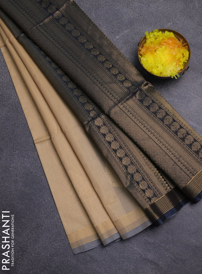 Kora silk cotton saree beige and dark grey with thread & zari woven buttas and zari woven simple border