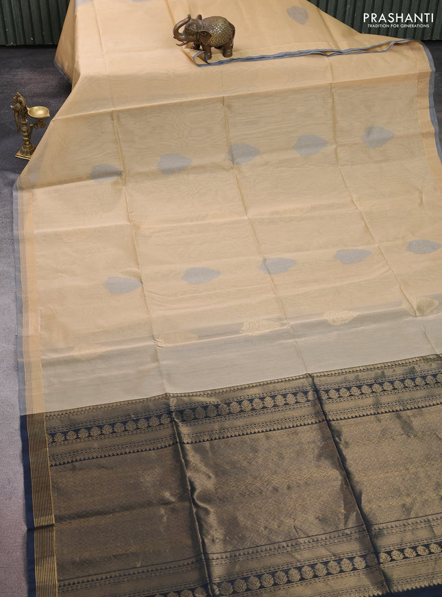 Kora silk cotton saree beige and dark grey with thread & zari woven buttas and zari woven simple border