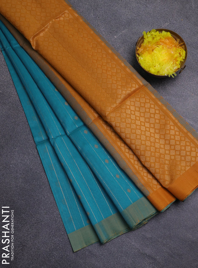 Kora silk cotton saree teal blue and mustard yellow with allover zari stripe & thread woven buttas and simple border