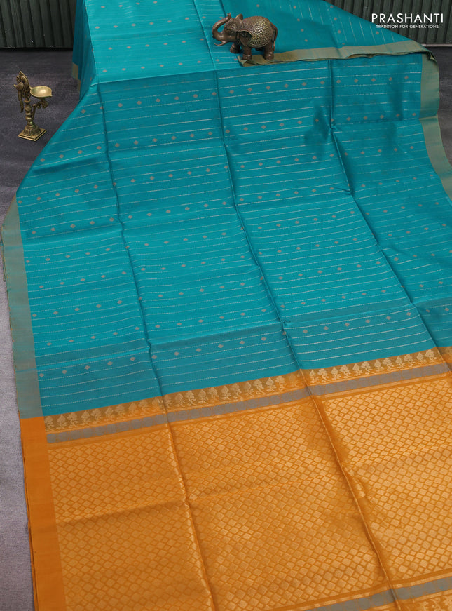 Kora silk cotton saree teal blue and mustard yellow with allover zari stripe & thread woven buttas and simple border