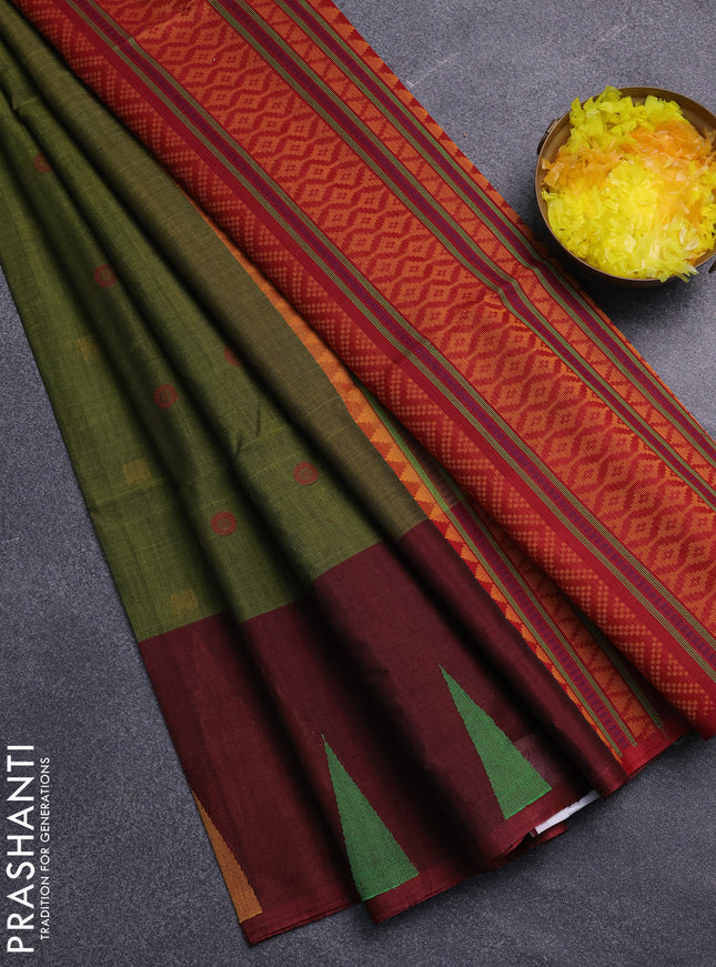 Kora silk cotton saree mustard green and deep maroon with thread woven buttas and thread woven butta border