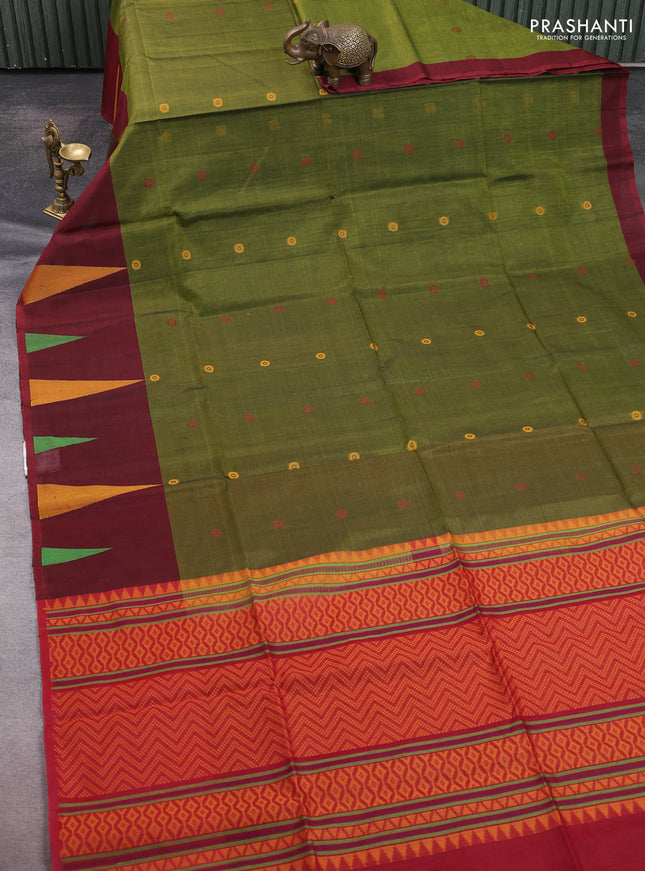 Kora silk cotton saree mustard green and deep maroon with thread woven buttas and thread woven butta border